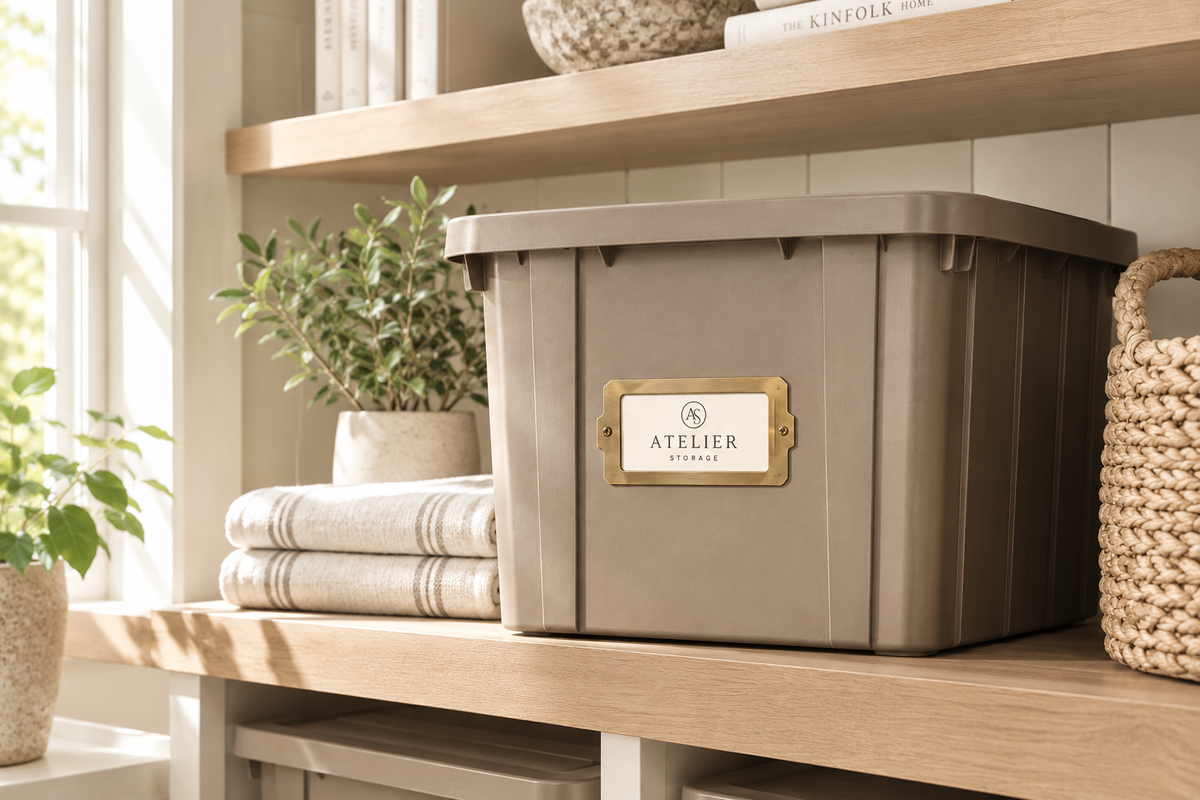 Atelier tote styled on a shelf at home